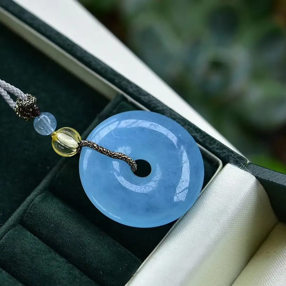 Natural Blue Ice Aquamarine Round Pendant Women Donut 31.7x7.8mm Gemstone Clear Necklace 14K Gold AAAAA