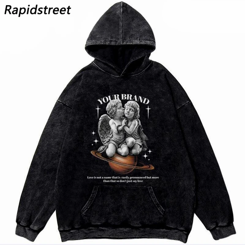 

Мужская стираемая толстовка, пуловер оверсайз с принтом ангела, зима 2021, хлопковая свободная толстовка с капюшоном в стиле Харадзюку