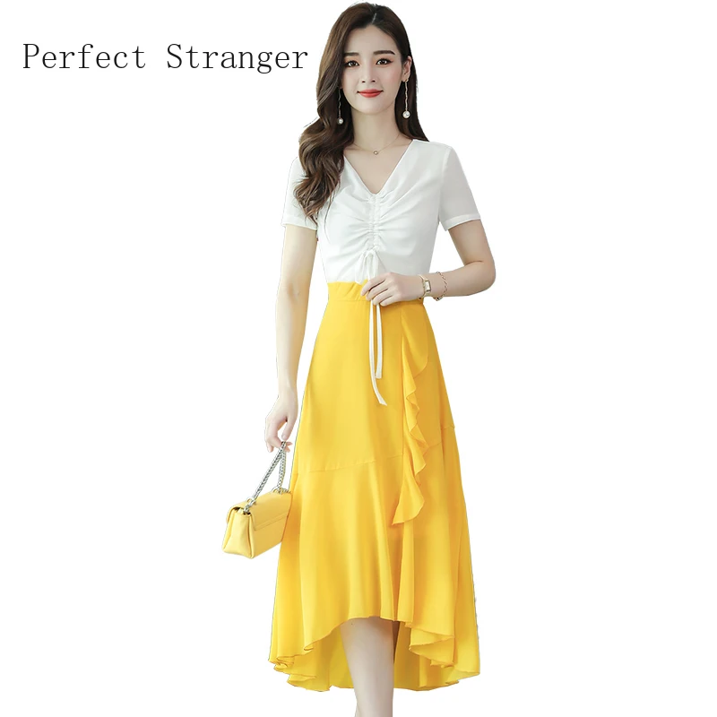 

2020 Summer New Arrival high Quality Popular V Colla Color Block Short Sleeve Women Chiffon Trumpet Long Dress