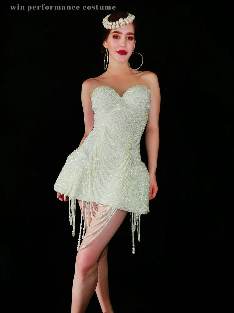 Женский сценический костюм-стрейч тонкий комбинезон с белым жемчугом - купить по