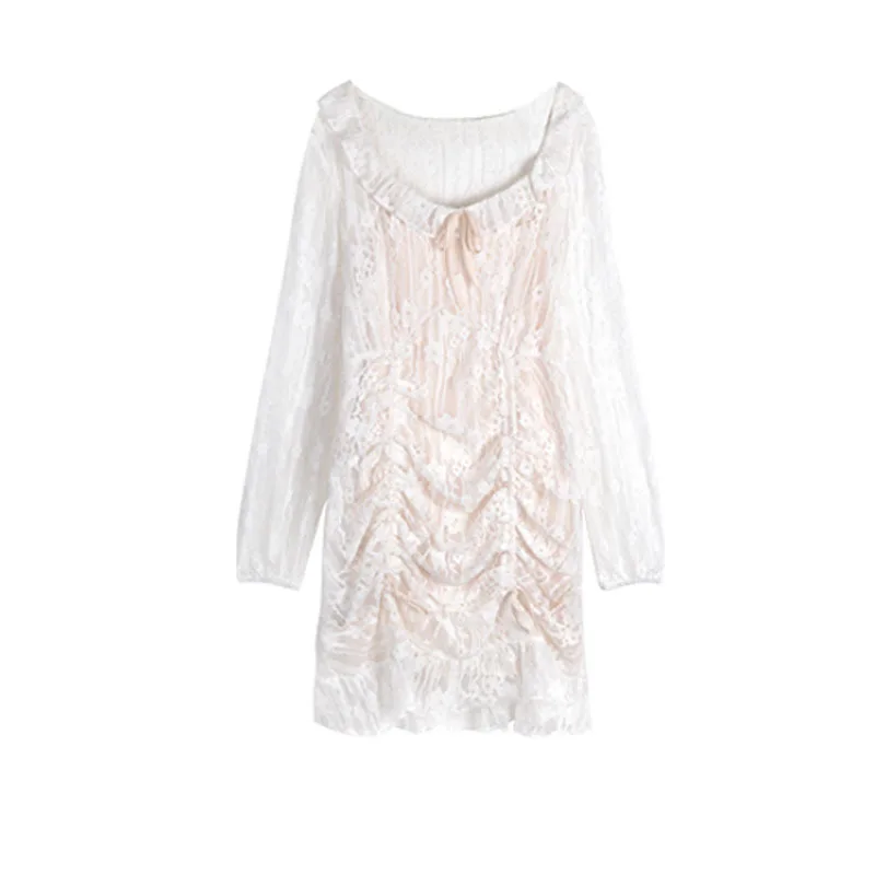 

2021 spring and summer new women's ruffled lace long-sleeved pure lace dress women