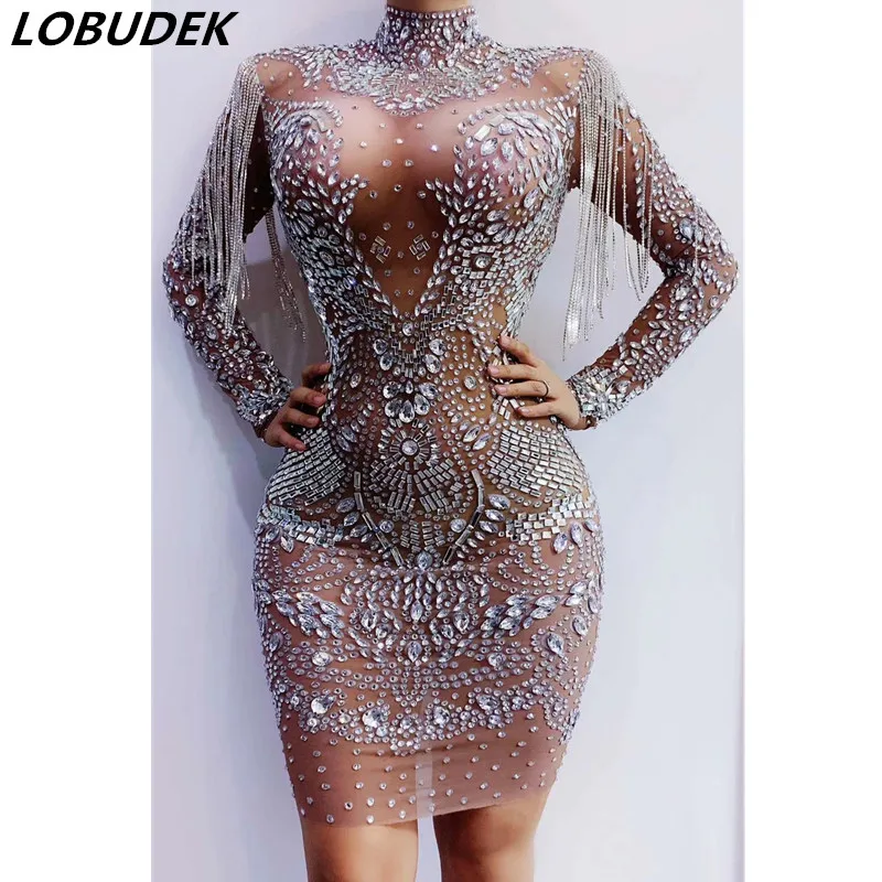 Сексуальное Серебряное Сетчатое платье певицы с бахромой модное женское