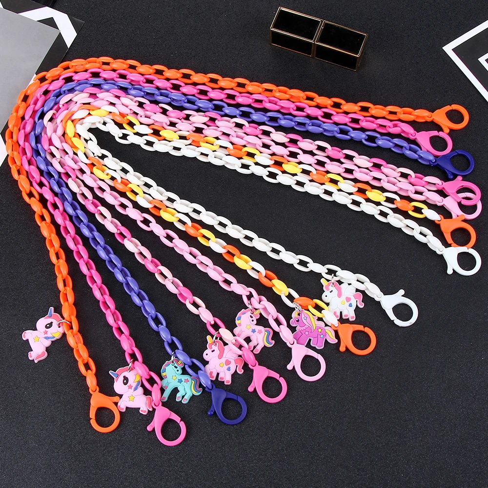 

Cute Cartoon Unicorn Pendant Long Necklace Face Mask Anti-lost Strap Holder Acrylic Chain Necklace for Children Kids Accessories