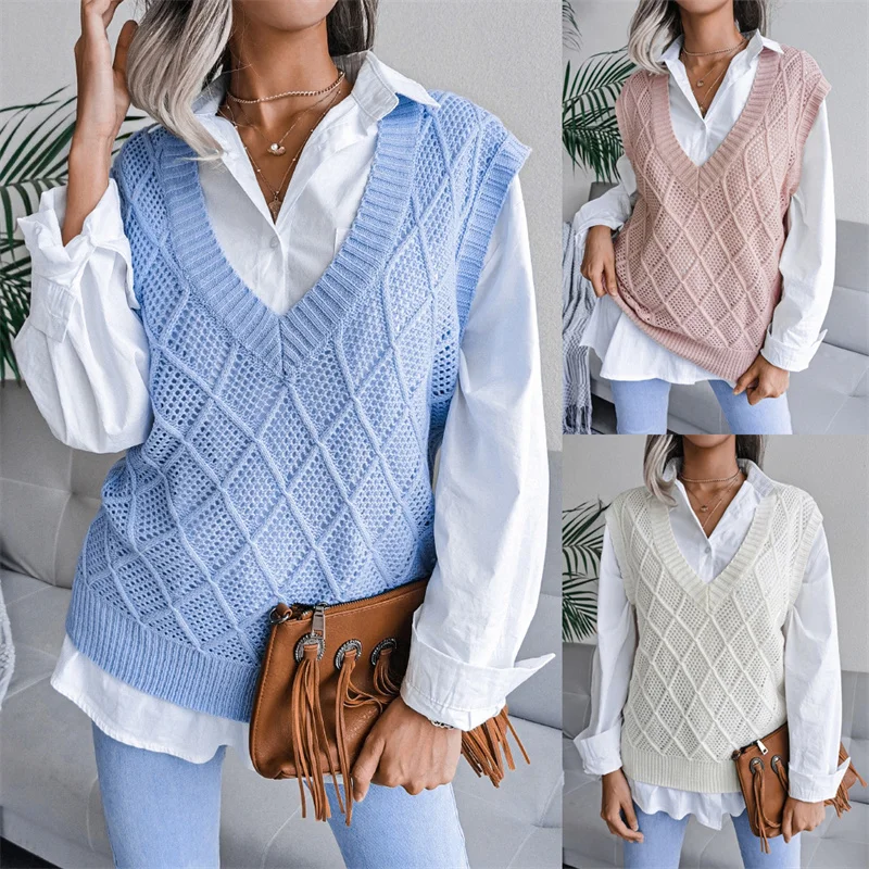 

Spring Autumn Ladies Casual Loose Knitted Sweater Vest V-neck All-match Streetwear Argyle Print Pullover for Women