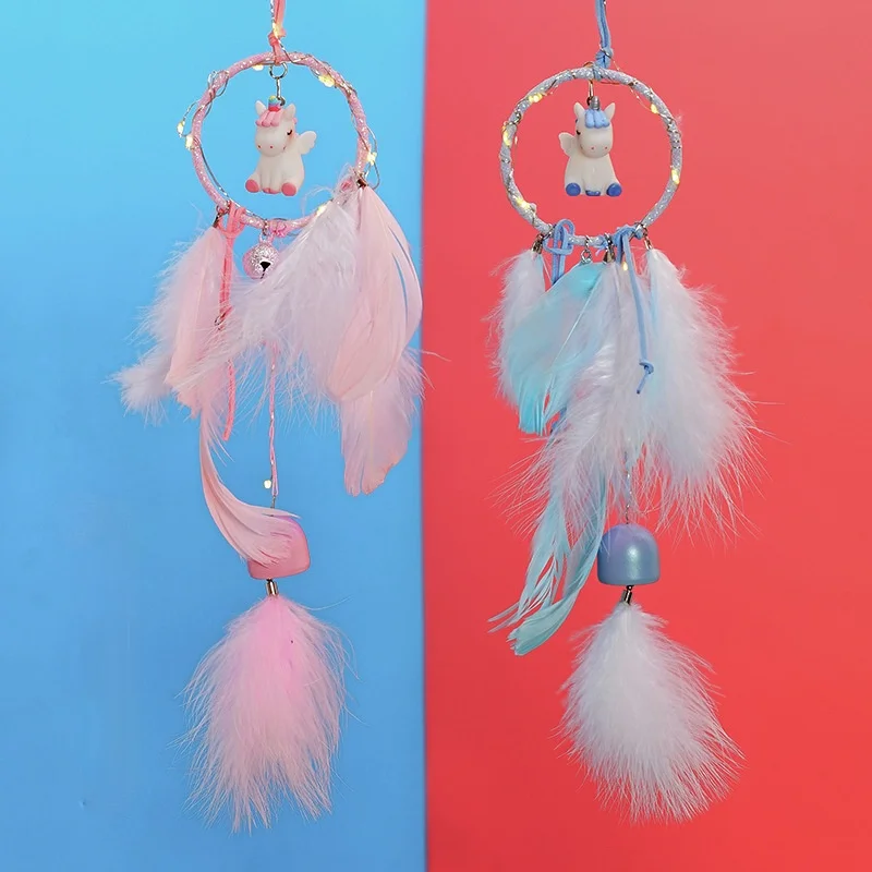 

Lovely Unicorn Dream Catcher with Light Pendant and Wind Chime Feather Decoration Kawaii Room Decor Room Decoration Accessories