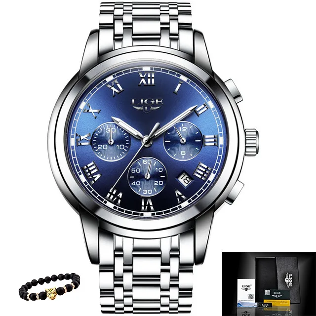 S-silver blue LIGE мужские часы, военные Роскошные брендовые часы, мужские кварцевые часы из нержавеющей стали, модные часы с хронографом, мужские часы - Цвет: S-silver blue
