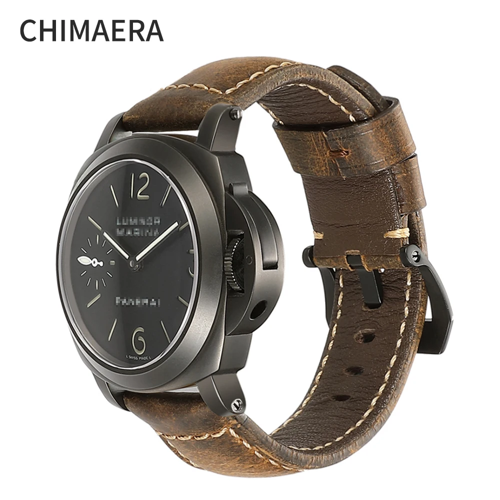 Ремешок для часов CHIMAERA из натуральной кожи коричневый 24 мм черный серебристый с