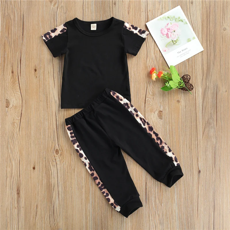 

2Pcs Little Girls Cotton Casual Leopard Clothing Set, Baby Summer Short Sleeve O-Neck Fashion T-shirt+Trousers,12 Months-5 Years