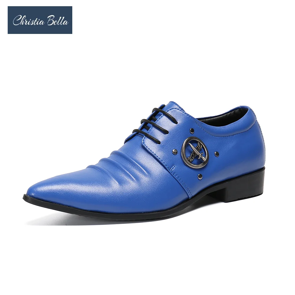 

Christia Bella British Style Genuine Leather Men Oxford Shoes Blue Wedding Prom Lace Up Shoes Male Business Office Derby Shoes