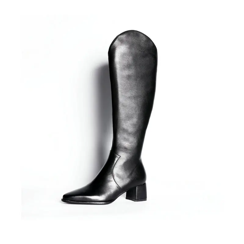 

Genuine Leather Women Knee High Boots Winter Warm Riding Boots Brand Plus Size Female Chunky high Heels Dancing Shoes Woman