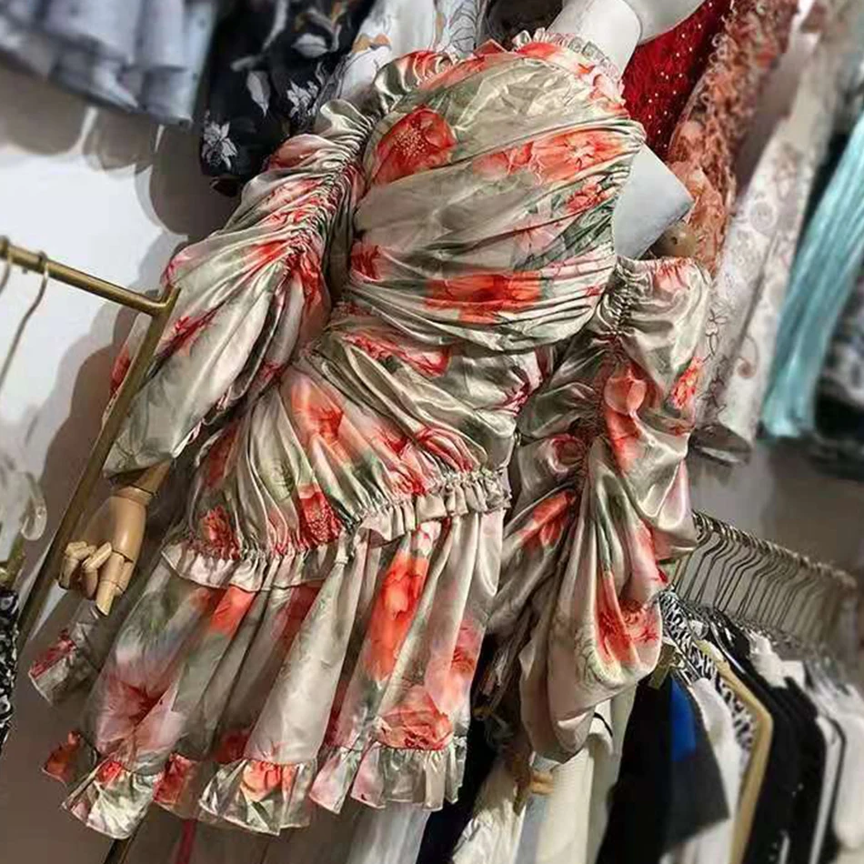 Новинка 2020 модное женское платье с принтом оборками асимметричный воротник