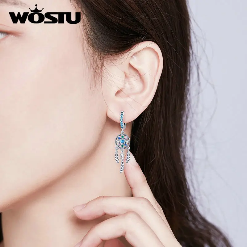 WOSTU 100% 925 Sterling Silver Dream Catcher Dangle Earrings Zircon Fashion Drop For Women Wedding Luxury Jewelry Gifts | Украшения и
