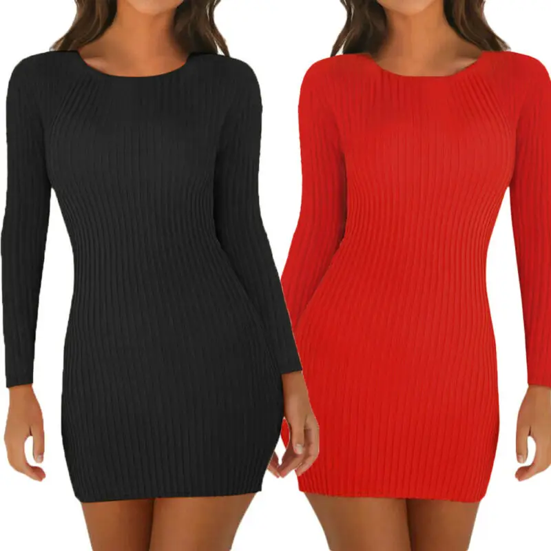 2019 Новое модное женское осеннее платье однотонное тонкое Черное Красное