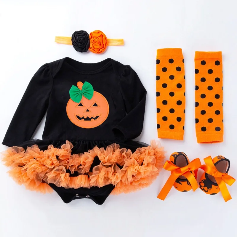 

Pumpkin Girls Halloween Outfits Lace Tutu Romper Dress Headband Leg Warmers Shoes Baby Girl Clothes Sets Newborn Infant Clothing