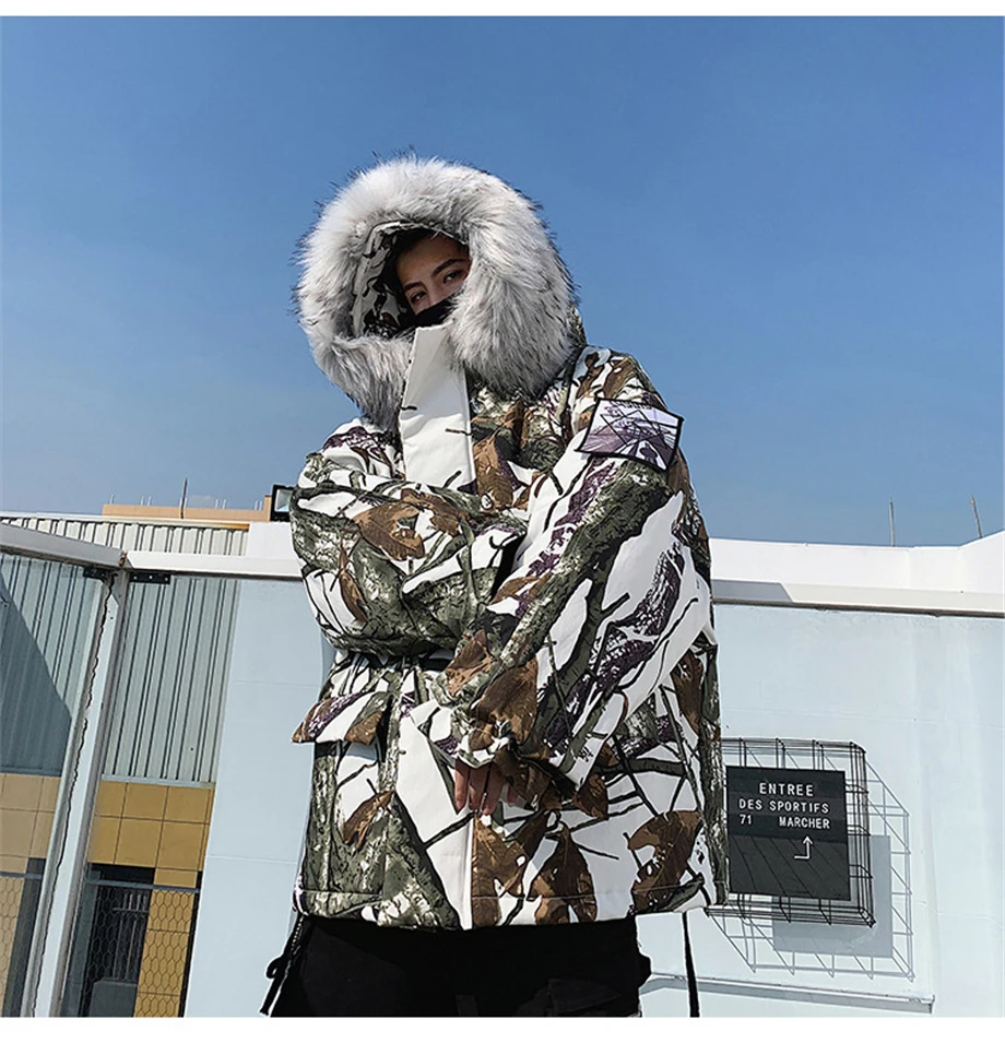 Winter Hip Hop Parkas Men Camouflage Jackets Fur Collar Hooded Thick Windbreaker Coats Outwear Streetwear Plus Size HZ158