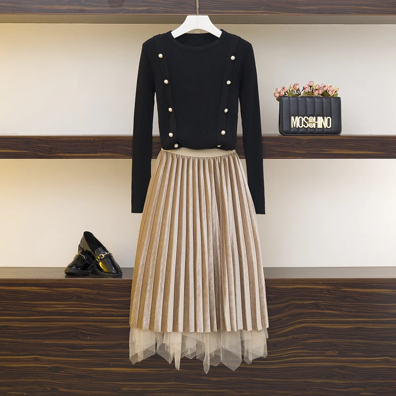 Вязаный женский осенний Модный пуловер с пуговицами свитер юбка из плюша одежда