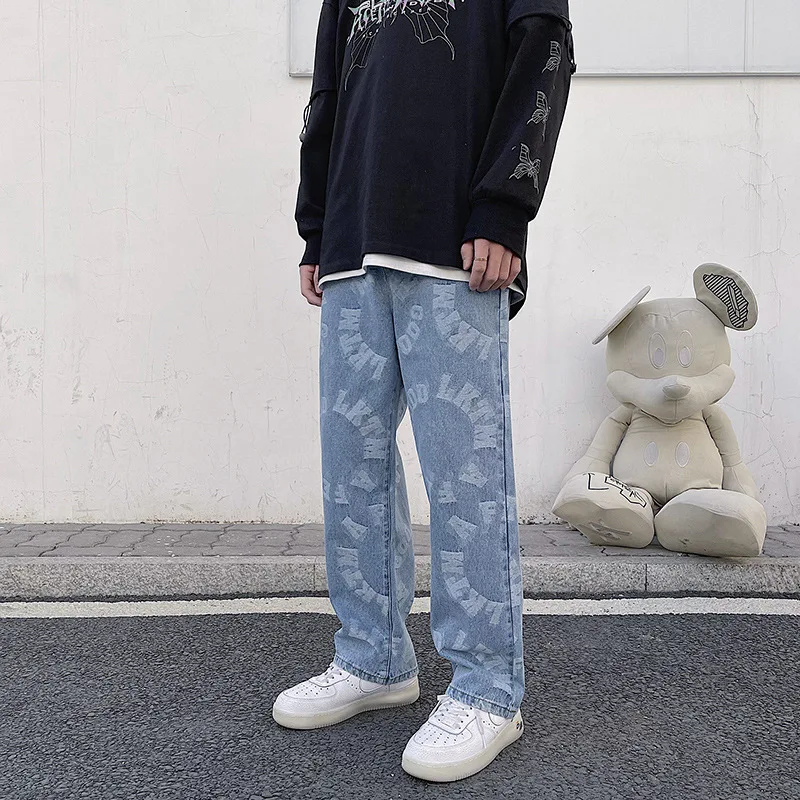 

Spring new Korean Fashion Wide Leg Jeans Men's Retro 3D Jacquard Casual Jeans Men's Street Wear Loose Straight Jeans Men's
