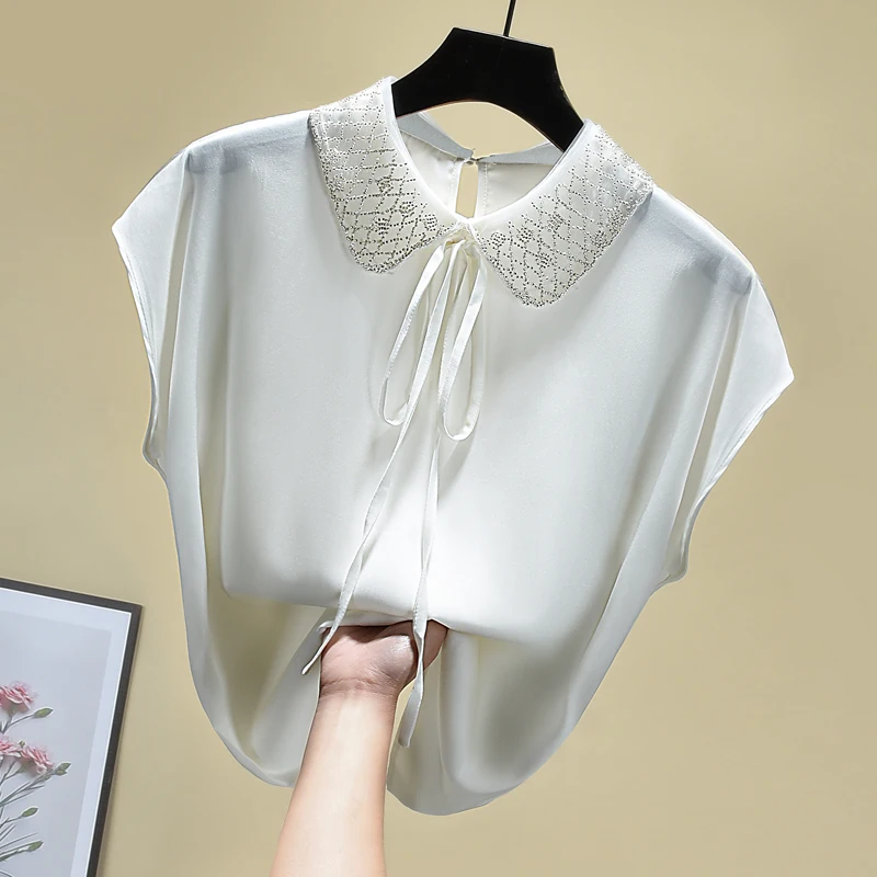 

Блузка женская с отложным воротником и коротким рукавом, атласная шифоновая рубашка свободного покроя с бисером, Черный Белый Топ, лето 2021