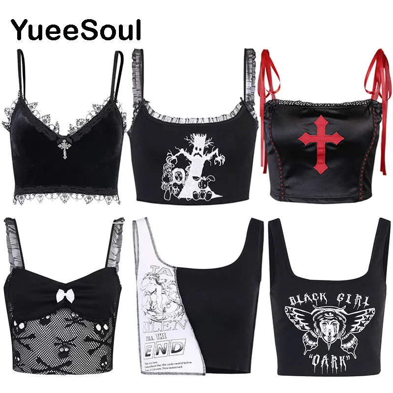 

Grunge Aesthetic Crop Top Cross Printed Sleeveless Gothic Tank Tops 2021 New Y2K 90s Sexy Slim Punk Goth Black Women's Corset