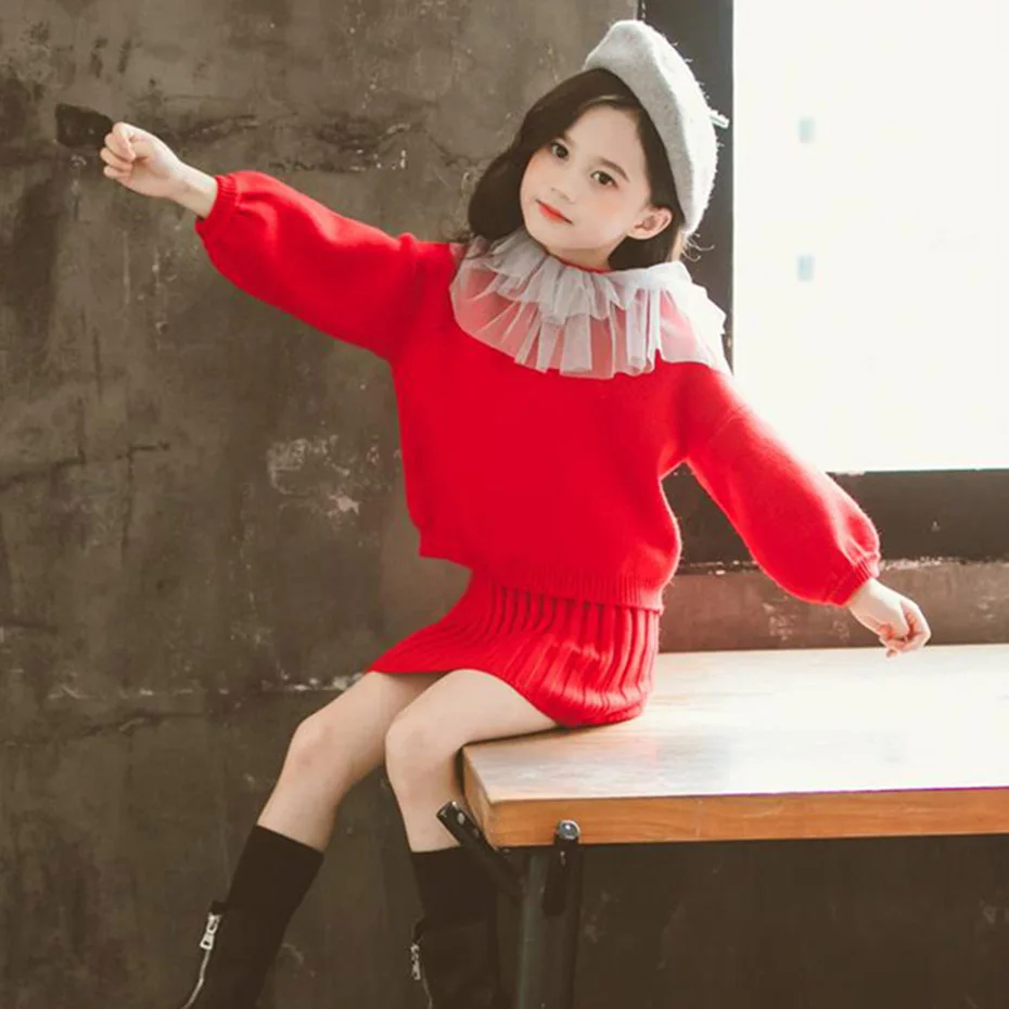 Dresses For Girls Dress Solid Knitted Kids Sweater Girl Autumn Winter Toddler Clothing 6 8 10 12 14 Year | Детская одежда и обувь