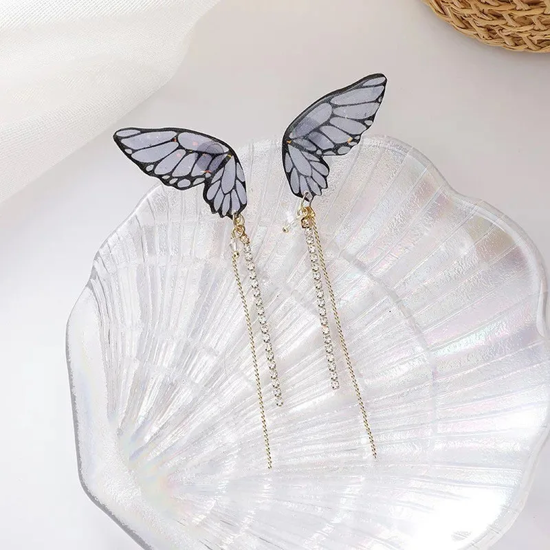

Fantasy Neon Color Rhinestone Cicada Wings Earrings Trendy New Butterfly Gradient Pink Blue Sequins Long Drop Earrings