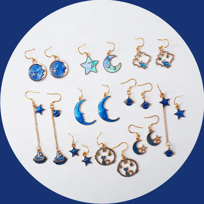 Корейские модные синие серьги в форме Луны и звезды для женщин многослойные
