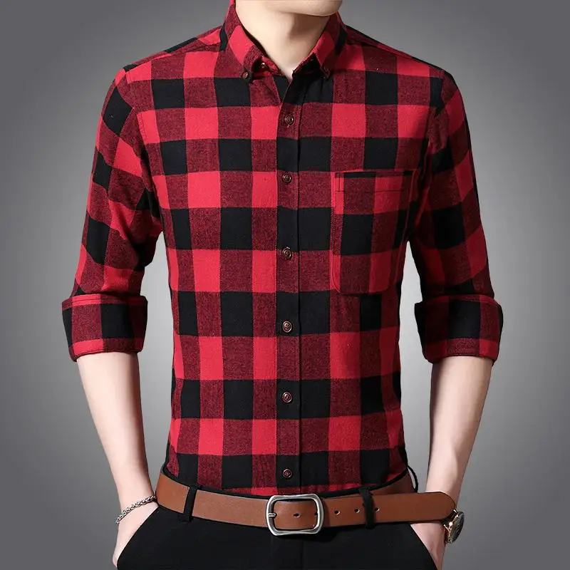 Мужская Фланелевая рубашка в клетку хлопок весна-осень 2019 Повседневная с длинным