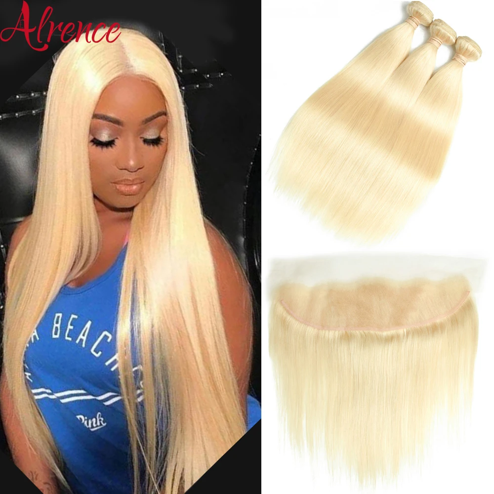 

613 Bundle with Frontal Honey Blonde Colored 13x4 Lace Frontal with Straight Human Hair Extensions 3 4 Brazilian Hair Bundles