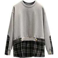 plus size womens top o neck long sleeve gray black pullover plaid stitching sweatshirts autumn