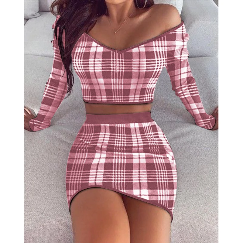 

Casual Summer Sexy Two Piece Women Set Lattice V Neck Long Sleeve Off The Shoulder Crop Tops Elegant High Waist Mini Skirt