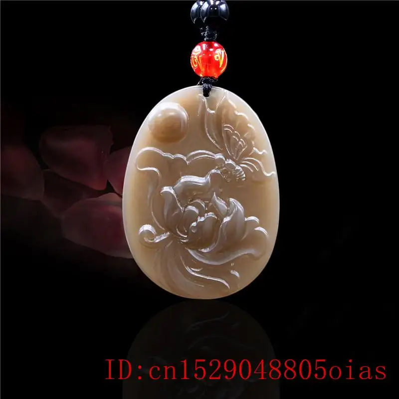 Brown Jade Butterfly Pendant Charm Necklace Natural Flower Fashion Carved Amulet Chinese Jadeite Gifts Women for Jewelry