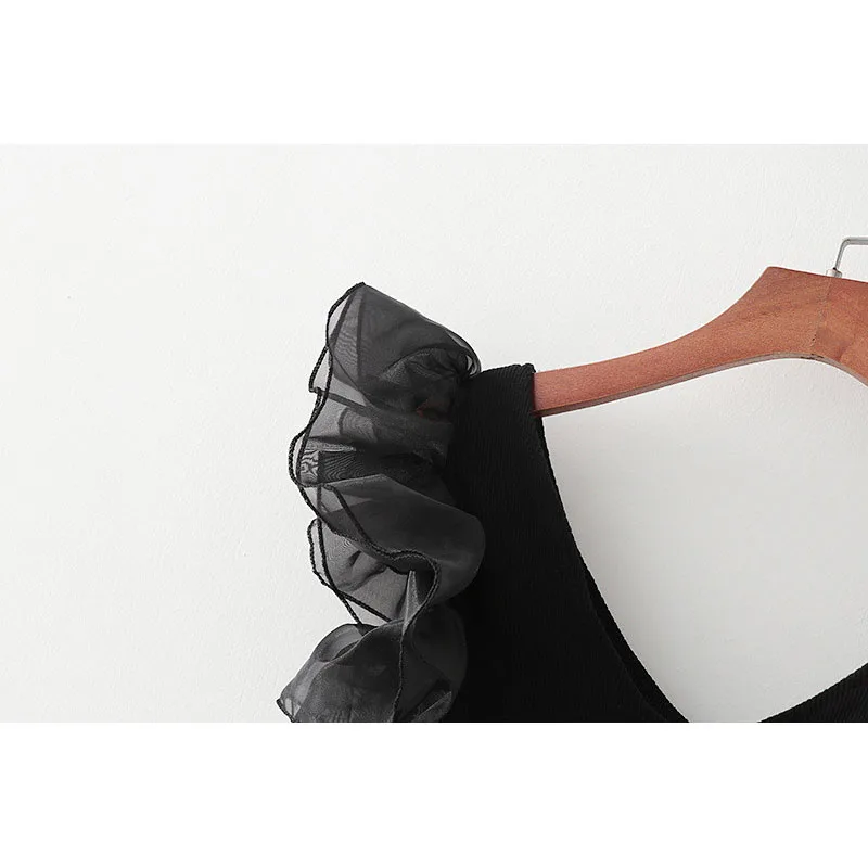 

Women Summer Fashion Mesh Patchwork Black Skinny Bodysuits Chic Lady Cascade Ruffles Short Sleeve V-neck Sexy Slim Bodysuit Tops