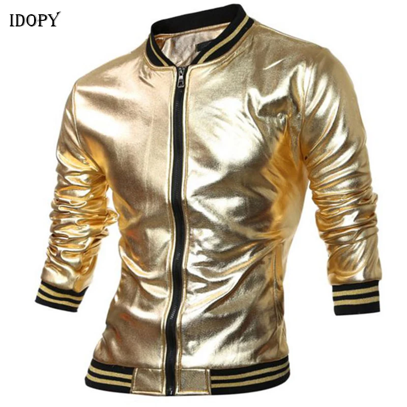 Куртка Idopy Мужская блестящая с воротником стойкой металлик длинный рукав в стиле