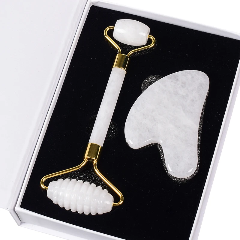 

White Jade Face Care Massage Sawtooth Roller Gua Sha Tool Set Crystal Mineral Stone Health Eye Skin Acupuncture Beauty Massager