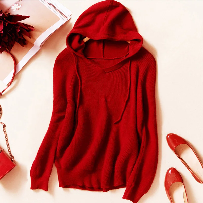 Simple European American Autumn Winter Pink New Hooded Solid Cashmere Sweater for Women Burgundy High Street Pullovers | Женская одежда