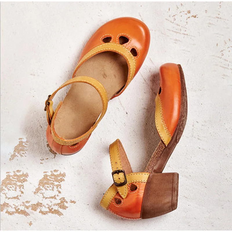 Сандалии женские в ретро-стиле повседневные босоножки на среднем каблуке с