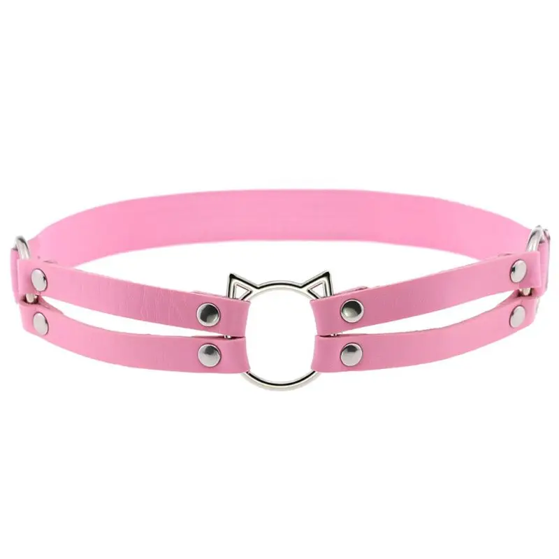 

Womens Gothic Harajuku Sexy Faux Leather Elastic Leg Belt Cute Hollow Out Cat Wide Band Anti-Slip Double Row Thigh Ring