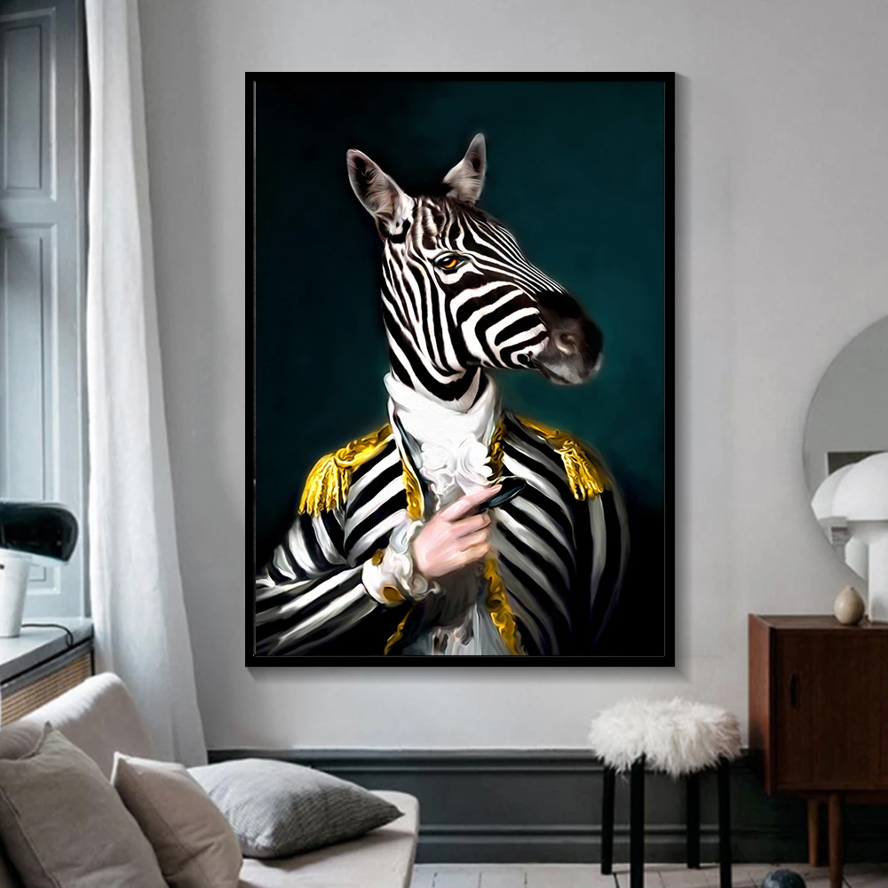 

Black and White Classy Lion Tiger Elephant Giraffe Wolf Horse Wall Art Posters And Prints Animal Wearing a Hat Canvas Painting