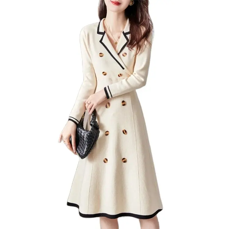 

Women 2021 Spring New Hit Color Double-Breasted Dress Long Eleeve Small A Cross Collar Female Suit Collar Mid-Length Dress A185C