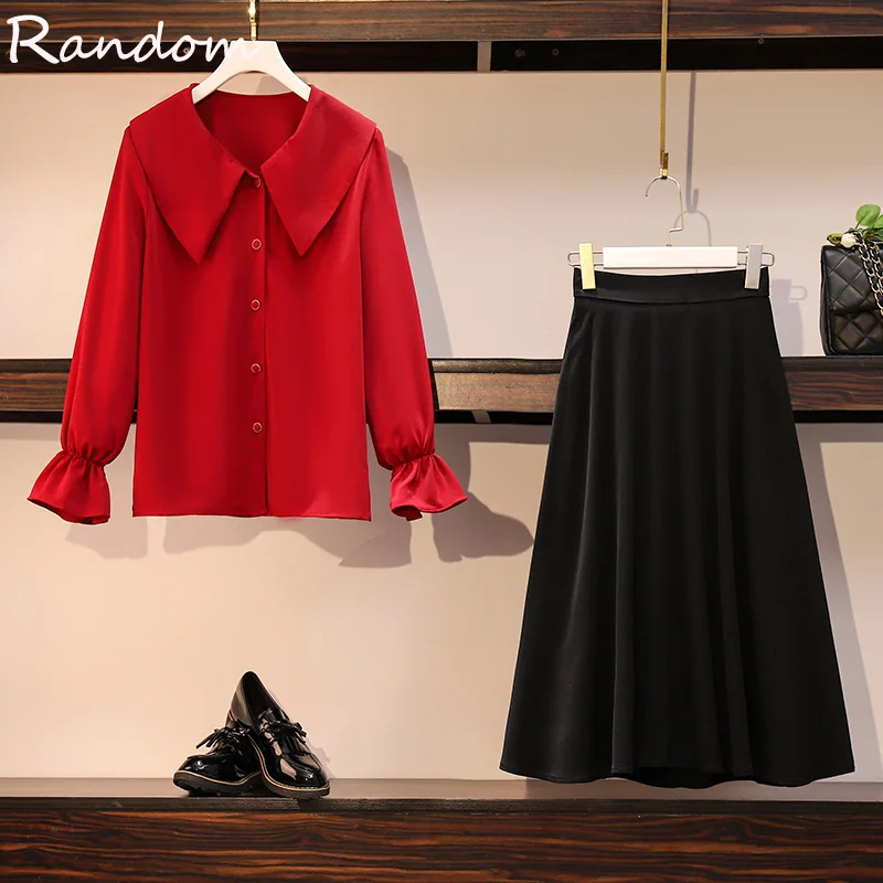 Женский Осенний элегантный костюм большого размера с юбкой красный топ и черная