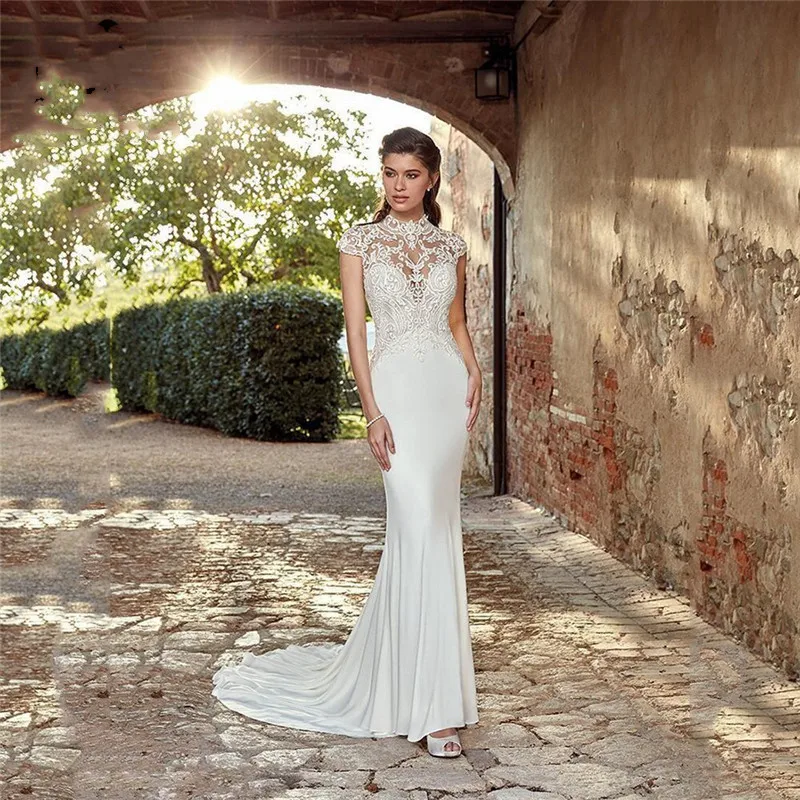 

Облегающее свадебное платье с высокой горловиной, кружевные аппликации на заказ, с коротким рукавом, формальные Модные свадебные платья, ко...