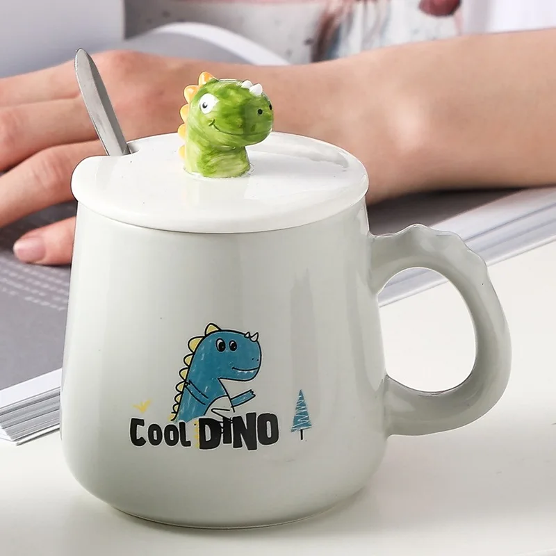 

300ML Hand-painted Dinosaur Coffee Mug Creative Cute Cartoon Ceramic Mugs with Lid Spoon Handle Student Milk Cup Couple Cups