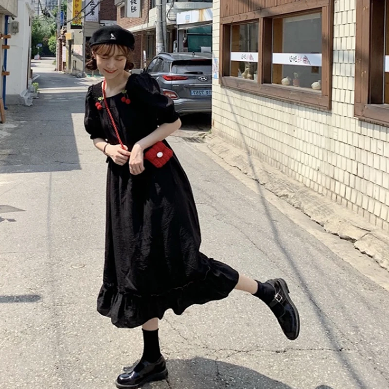 

Houthion Women's Dresses Loose Mid-Calf Empire Solid Square Collar Short Sleeve Spring/autumn New Casual Fashion Dress