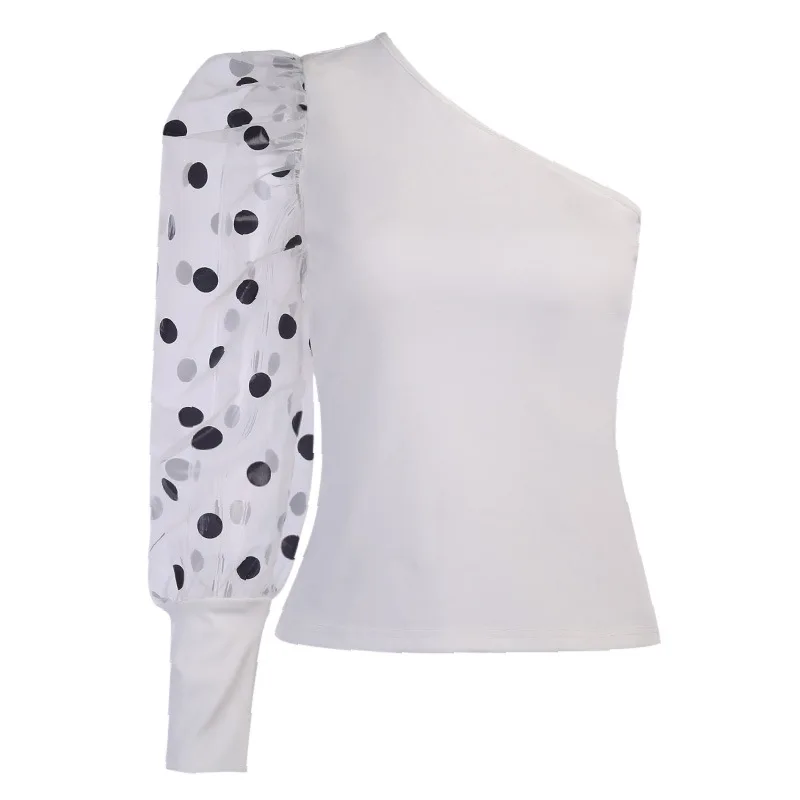 

2021 Summer Women's T-Shirt Irregular Oblique Collar Polka Dot Puff Sleeve Tee Lady Slim Sexy Bodysuit