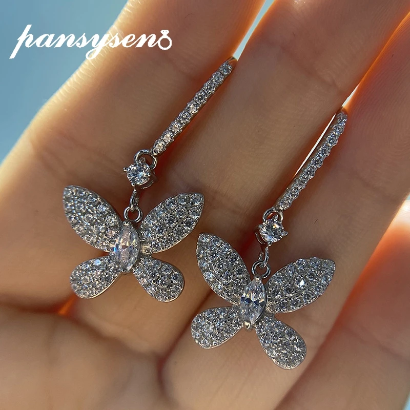 

PANSYSEN Top Quality Butterfly Design Solid 925 Sterling Silver Lab Moissanite Diamond Dangle Drop Earrings Wedding Fine Jewelry
