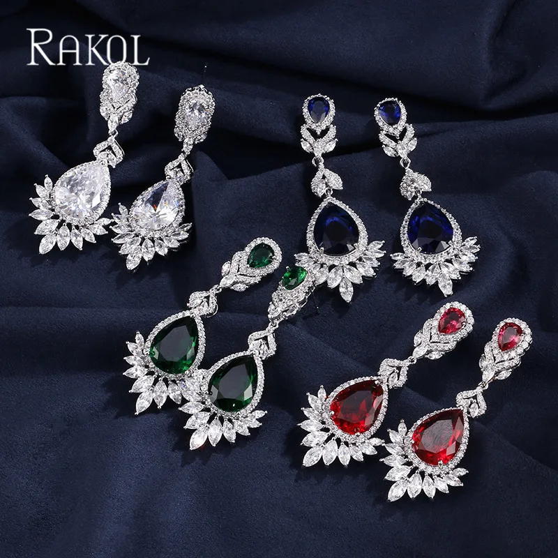 RAKOL Роскошные AAA кубический циркон розовое золото цвет капли воды Кристалл большие длинные висячие серьги для невест для женщин Свадебные украшения RE021