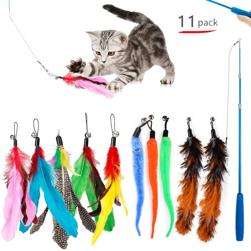 

11 pcs Cat Feather Toy Feather Teaser Stick Wand Pet Retractable Feather Bell Refill Replacement Catcher Product for Kitten