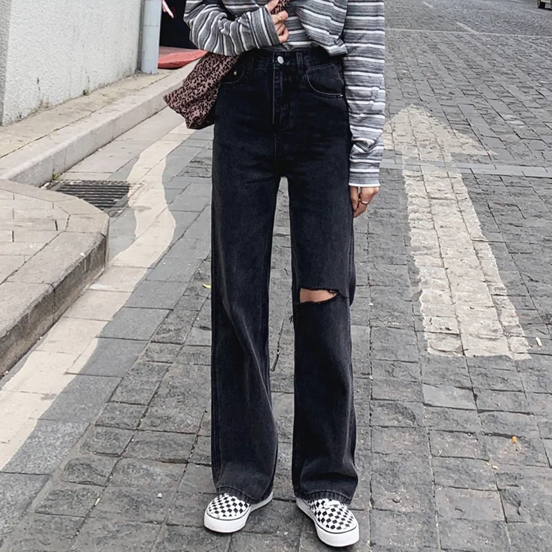 

Black High Waist Jeans Women's Spring And Autumn Straight Tube Loose 2021 New High Waist Wide Leg Pants Fashion