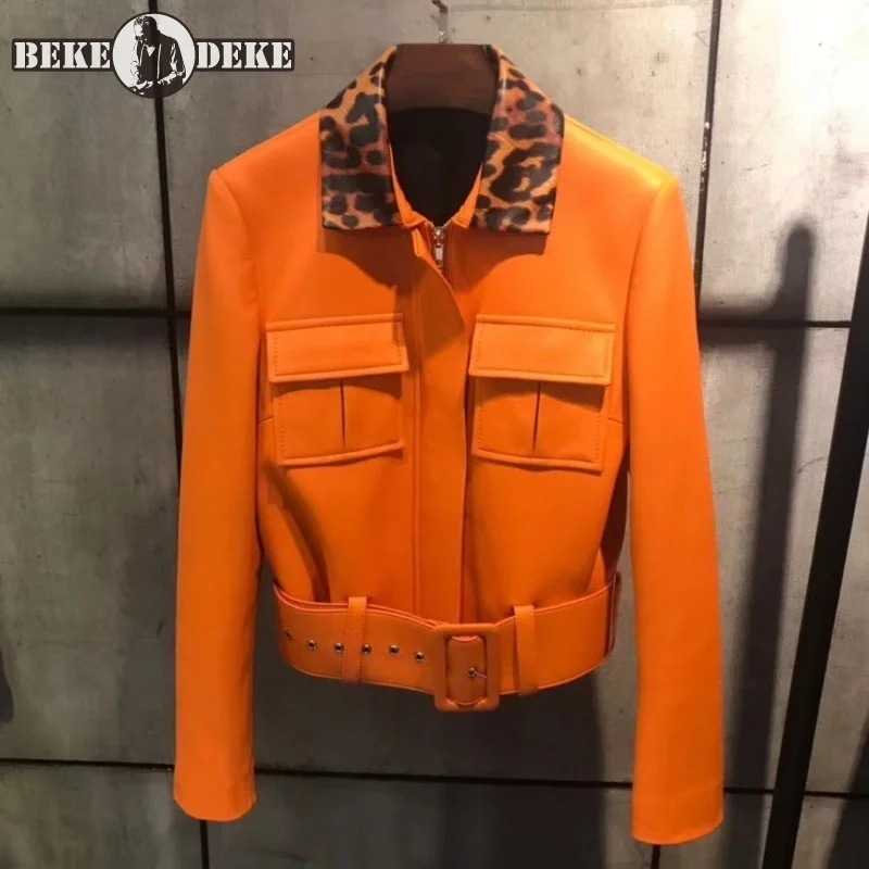 

Women Genuine Leather Short Jacket Leopard Lapel Pocket Sashes Cargo Coat Female Slim Fit Zip Sheepskin Street Biker Outerwear