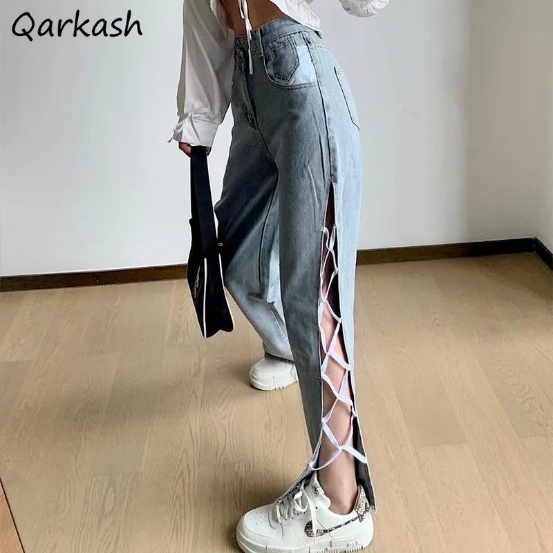 

Джинсы женские прямые с вырезами в стиле преппи, однотонные минималистичные модные облегающие брюки из денима с завышенной талией для отды...